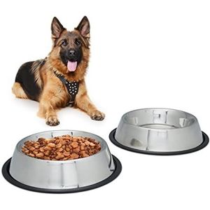 Relaxdays Set van 2 voerbakken voor honden, waterschaal, brokjes en paté, antislip, roestvrij staal, maat XL, zilverkleurig