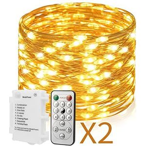 Koopower Lichtsnoer met 100 leds, werkt op batterijen, met timer voor buiten en binnen, 11 m, waterdicht, koperdraad, lichtketting voor Kerstmis, krans, tuin, slaapkamer, 2 stuks