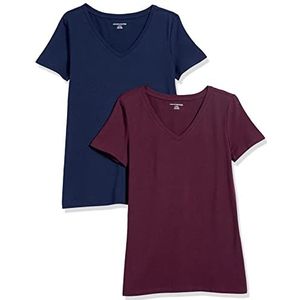 Amazon Essentials Dames-T-shirt met V-hals en korte mouwen, klassieke pasvorm, bordeaux/marineblauw, maat M