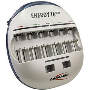 ANSMANN Energy 16 Plus batterijlader (1 stuk) – oplader voor 1 tot 12 oplaadbare AA/AAA of 1 tot 6 Baby C/Mono D-batterijen en 1 tot 2 blokken 9 V NiMH/NiCd – automatische oplader met 2 USB-poorten