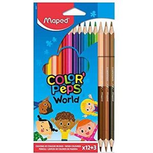 Maped - 12 Color'Peps World kleurpotloden + 3 duo huidkleurpotloden - levendige kleuren - ergonomisch driehoekig potlood - kartonnen etui met 12 potloden + 3 potloden Duo 832071
