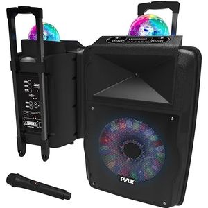 Pyle Bluetooth-luidspreker, 700 W, actieve karaoke-luidspreker, draagbaar, oplaadbaar, werkt op batterijen, microfoonset met Bluetooth MP3, USB, Micro SD, FM-radio, AUX, DJ-verlichting