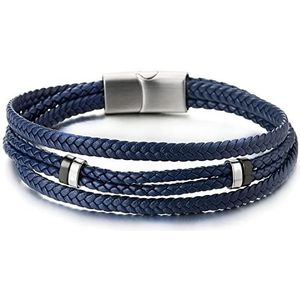 COOLSTEELANDBEYOND Meerstrengs marineblauwe gevlochten leren armband - heren en dames, wikkelarmband met staal, 22 cm, leerblauw, geen edelsteen, Blauw leer, Geen edelsteen