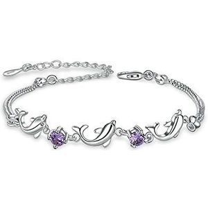 MixiuEuro Vrouwen Meisjes Armbanden, 925 Sterling Zilver CZ Zirconia Amethist Dolfijn Liefde Armbanden Sieraden Cadeau Voor Meisjes, Cubic Zirkonia, Cubic Zirkonia