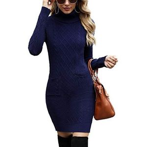 Irevial Elegante jurk voor dames, winter, gebreide jurk, dames, nauwsluitend, lange mouwen, jurk, hoge kraag, dames, trui, casual, voor herfst winter, marineblauw, S, Navy Blauw