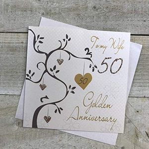 White Cotton Cards Handgemaakte wenskaart voor de 50e verjaardag ""To My Wife Gold"" (goudkleurige boom)