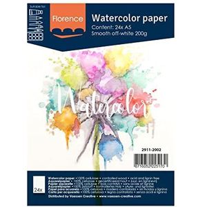 Vaessen Creative Aquarelpapier, Florenz, heetgeperst, A5, ivoorkleurig, 200 g/m², professionele kwaliteit, glad, 24 vellen om te schilderen, handlettering, kunstprojecten en meer