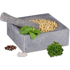 Relaxdays Vijzel met stamper, graniet, afmetingen: 6,5 x 18,5 x 18,5 cm, gepolijst, duurzaam, stenen mortel, specerijen en kruiden, grijs