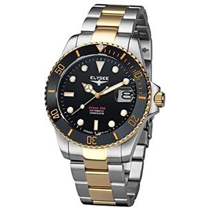 Elysee Ocean Pro Ceramic Herenhorloge met keramische lunette, roestvrijstalen armband, datumweergave, automatisch horloge, waterdicht tot 20 ATM, zilver-goud/zwart, Armband