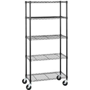 Amazon Basics Rek met wielen en 5 planken op wielen met in hoogte verstelbare niveaus, max. gewicht 680 kg, zwart, 76,2 cm x 35,56 cm x 164,47 cm (l x b x h)