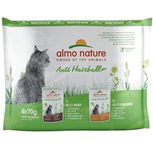 almo nature Holistic Anti-haarballen met rundvlees, 3 x met kip, compleet voer voor volwassenen en katten, 6 stuks (6 x 70 g)