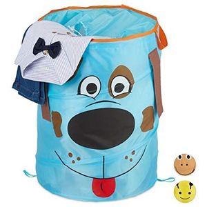 Relaxdays 10028897_242 Pop-up wasmand voor kinderen, opvouwbaar, 39 liter opslag, HxD: 43 x 34 cm, hond, blauw, polyester, staal, 43 x 34 x 34 cm