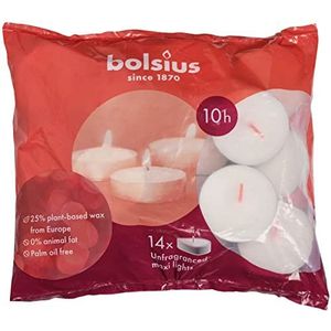 BOLSIUS - Maxi theekaarsen - 10 uur brandduur - wit - in zak - set van 14 kaarsen - met natuurlijke veganistische was - XXL kaarsen 8717847148636