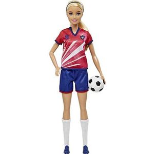 Barbie HCN17 Voetbalpop met blonde paardenstaart, shirt nr. 9, voetbal, schoenen met noppen en hoge sokken, speelgoed voor kinderen, vanaf 3 jaar, HCN17