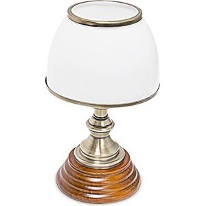 Relaxdays 10018911 Decoratieve lamp, kleine tafellamp, witte glazen lampenkap, sokkel van echt hout, h x b x d: 37 x 30 x 20,5 cm, vintage stijl