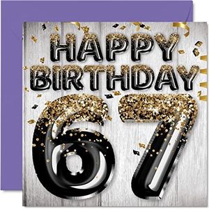 Verjaardagskaart voor 67e verjaardag voor mannen - ballonnen zwart en goud glitter - verjaardagskaarten voor de 67e verjaardag, papa, opa, opa, opa, grootvader, opa, 145 mm x 145 mm