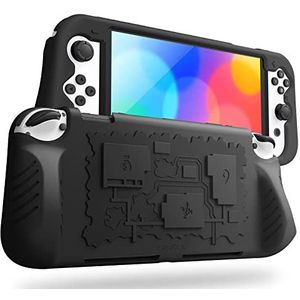 Fintie Beschermhoes compatibel met Nintendo Switch (model OLED) 2021 - van zachte antislip en schokbestendige siliconen met 3 speelkaarthouders, ergonomisch handvat, zwart