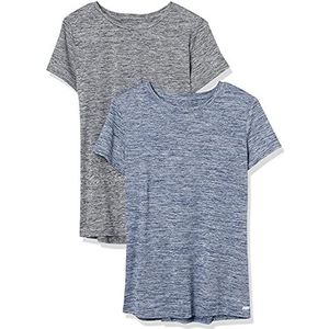 Amazon Essentials Dames Tech Stretch T-shirt met korte mouwen en ronde hals (verkrijgbaar in grote maten), zwart gemêleerd/marineblauw gemêleerd, maat XS