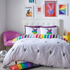 Playboy Omkeerbare beddengoedset voor tweepersoonsbed, dekbedovertrek en kussenslopen, regenboogkonijn, wit