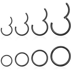 jagosen 8 stuks 18 g zwarte neusringen van fijn titanium voor septum, lip, wenkbrauw, kraakbeen, sieraden voor mannen en vrouwen, 8 mm/10 mm/12 mm/14 mm, Roestvrij staal, Geen edelsteen