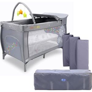 ASALVO Mix Plus reisbed 120 x 60 cm, box en aankleedkussen voor baby's en kinderen van 0 tot 15 kg/3-in-1. Opvouwbaar en gemakkelijk mee te nemen. In hoogte verstelbaar, draagtas, wielen en speelgoed.