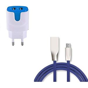 Oplader Micro-USB voor Huawei Y7 2019 (Fast Charge + Dual Stopcontact, Kleur USB) Android (blauw)