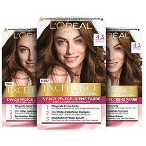 L'Oréal Paris Permanente haarkleuring, 100% grijsdekking, kleurset met kleuring, shampoo en drievoudige verzorgingscrème, crème d'excellence, 4.3 goudbruin, 3 x 268 g