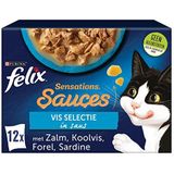 Felix Sensations Sauzen Vissen Selectie van kattenvoer, nat voer met kool, forel, zalm of sardine in saus, 12 x 85 g - doos van 4 (48 portiezakken; 4,08 kg)