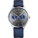 BERING Heren analoog quartz titanium collectie horloge met nylon band en saffierglas 11539, Blauw/Zilver, blauw/zilver