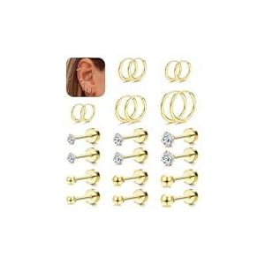 FIOROYAL 11 paar damesoorbellen, 14 karaat verguld, creolen, roestvrij staal, zirkoon, piercing, helix, tragus, goud, oorpiercing, hypoallergeen, kraakbeen, voor meisjes, Roestvrij staal, Geen