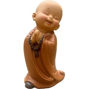 Zen'Light Lachend Bonze Boeddhabeeld met rozenkrans, vrolijke sfeer in je heilige ruimte, prachtig geluksfiguur, cadeau-idee voor alle generaties, H 8,5 cm
