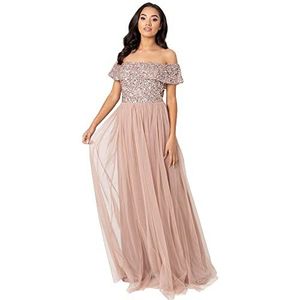 Maya Deluxe Dames Bardot Jurk voor Vrouwen Maxi Verfraaid Hight Empire Taille Mouwloze Tule voor Bruiloft Gast Prom Afstuderen Bruidsmeisjesjurk Dames (1 stuk), Taupe blos