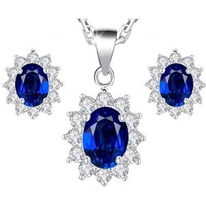Crystalline Azuria Damesset met halsketting en studs, oorbellen, 18 karaat, witverguld, met blauwe kristallen, saffier, van zirkonia