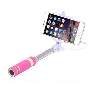 Mini selfie stick voor Sony Xperia L3 smartphone, met kabel, klinkstekker, selfiestick, Android, iOS, verstelbaar, fotoknop (roze)