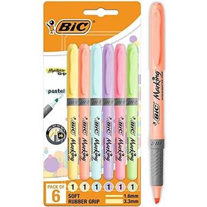 BIC Highlighter Grip Pastel markeerstiften met afgeschuinde punt, verschillende kleuren, blisterverpakking van 6 stuks