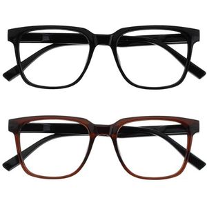 OPULIZE LEO Lunettes de lecture - Lot de 2 - Grande monture rectangulaire - Noir, marron - Homme Femme - Charnières à ressort - RR55-12 - +2,50