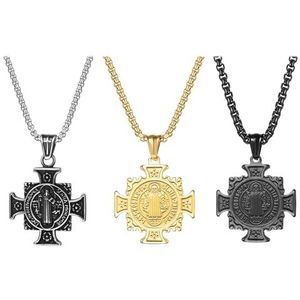 JewelryWe Halsketting met hanger in de vorm van een Sint-Benedictus medaille, verstelbare ketting van roestvrij staal, christelijke sieraden, met geschenkdoos in zilver of goud, rvs, Geen edelsteen