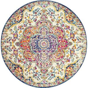 Surya Rabat Vintage tapijt voor woonkamer, slaapkamer, keuken, traditioneel, oosters boho, middenpolig, onderhoudsvriendelijk, rond tapijt, 160 x 160 cm, fuchsia, burning oranje, mosterd,