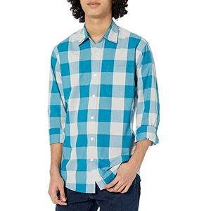 Amazon Essentials Heren casual popeline overhemd met lange mouwen klassieke pasvorm geruite stof blauw wit L