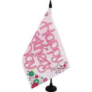 AZ FLAG - Tafelvlag Happy Moederdag 21 x 14 cm - Kleine Vlag Gelukkige Moederdag Kantoordag 100% Polyester Met 25 cm Stok en Zwarte Plastic Sokkel