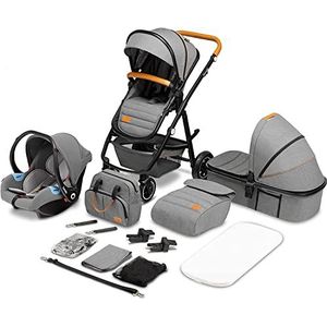 LIONELO Amber 3-in-1 multifunctionele kinderwagen, kinderbuggy, kinderwagenset met sportstoel en vaste reiswieg, tas, muggennet, hoes, regenzeil, autostoel (grijs)