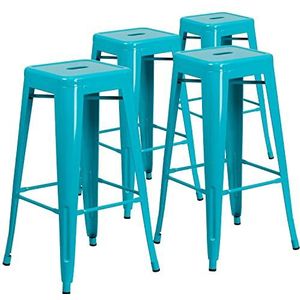 Flash Furniture Set van 4 barkrukken van metaal in commerciële kwaliteit met vierkante zitting, ijzer, kunststof, blauwgroen, 76,2 cm hoog