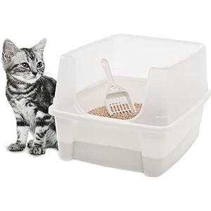 Iris Ohyama, kattenbak, kunststof toilet met draaggreep en schep, L 48,5 x D 38 x H 30 cm, verhoogde randen, voor katten, CLH-12, wit