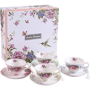 Koffie en thee kop- en schotelset van 4 shabby chique vintage porselein, vogel/vlinder/flora geschenkdoos (1 set van 4)