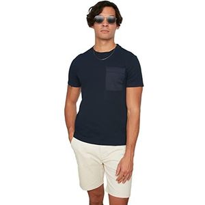 Trendyol marineblauw, rechte snit, fietskraag, korte mouwen, micro-zakken, ritssluiting, heren T-shirt, Navy Blauw