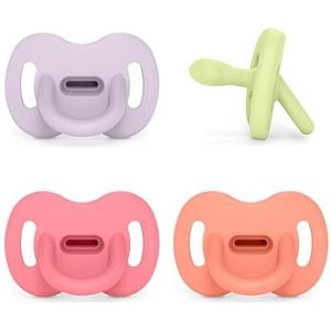 Suavinex, 4 stuks siliconen fopspeen voor baby's van 0/6 maanden en pasgeborenen met symmetrisch SX Pro dak zacht en flexibel, ideaal om te slapen, respecteert de mondelinge ontwikkeling, roze, groen