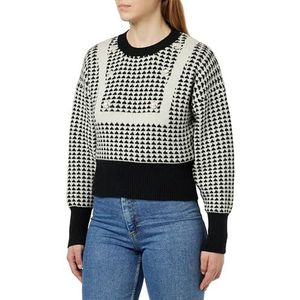 Fenia Pull en tricot pour femme avec manches ballon pied-de-poule, aspect bloc de couleur, noir et blanc, à carreaux, taille XL/XXL, noir/blanc, XL