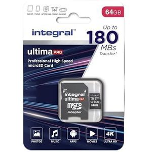 Integral 64 GB Micro SD-kaart, 180 MB/s 4K videoleessnelheid en 45 MB/s schrijfsnelheid, MicroSDXC A2 C10 U3 UHS-I 180-V30, onze snelste Micro SD-geheugenkaart ooit gezien