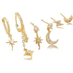 Set van 6 14 karaat vergulde zirkonia-oorbellen met maan- en stermotief, 14 karaat goud, 14K Goud