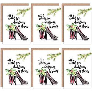 Christmas Cards x 6 Shoes Shopaholic Fashion Funny Set Xmas Kaarten Mode Grappig